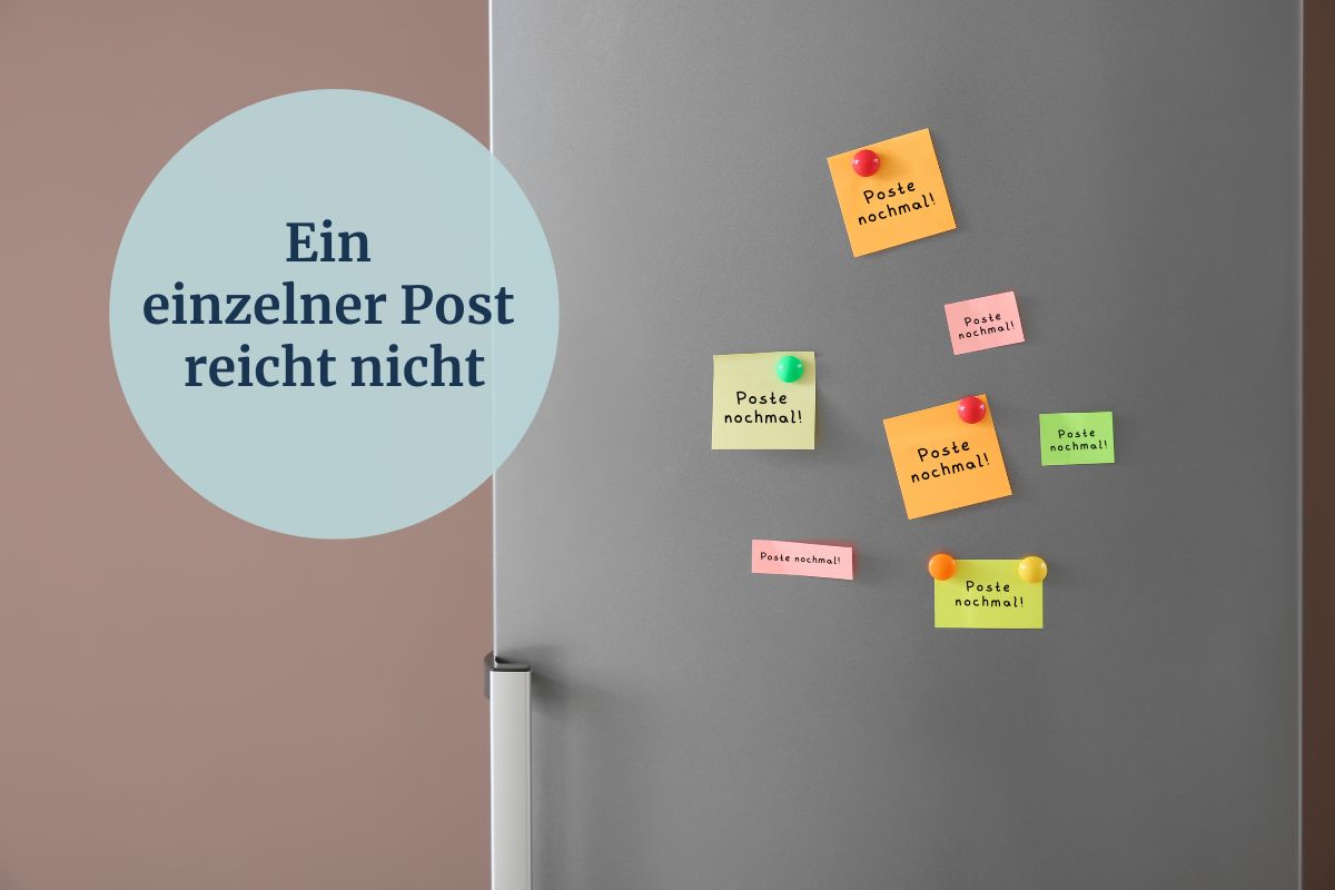 Mehrere bunte Post-its auf einem Kühlschrank mit der Aufschrift ‚Poste nochmal!‘ – Symbol für Content wiederholen, weil ein Post nicht reicht.